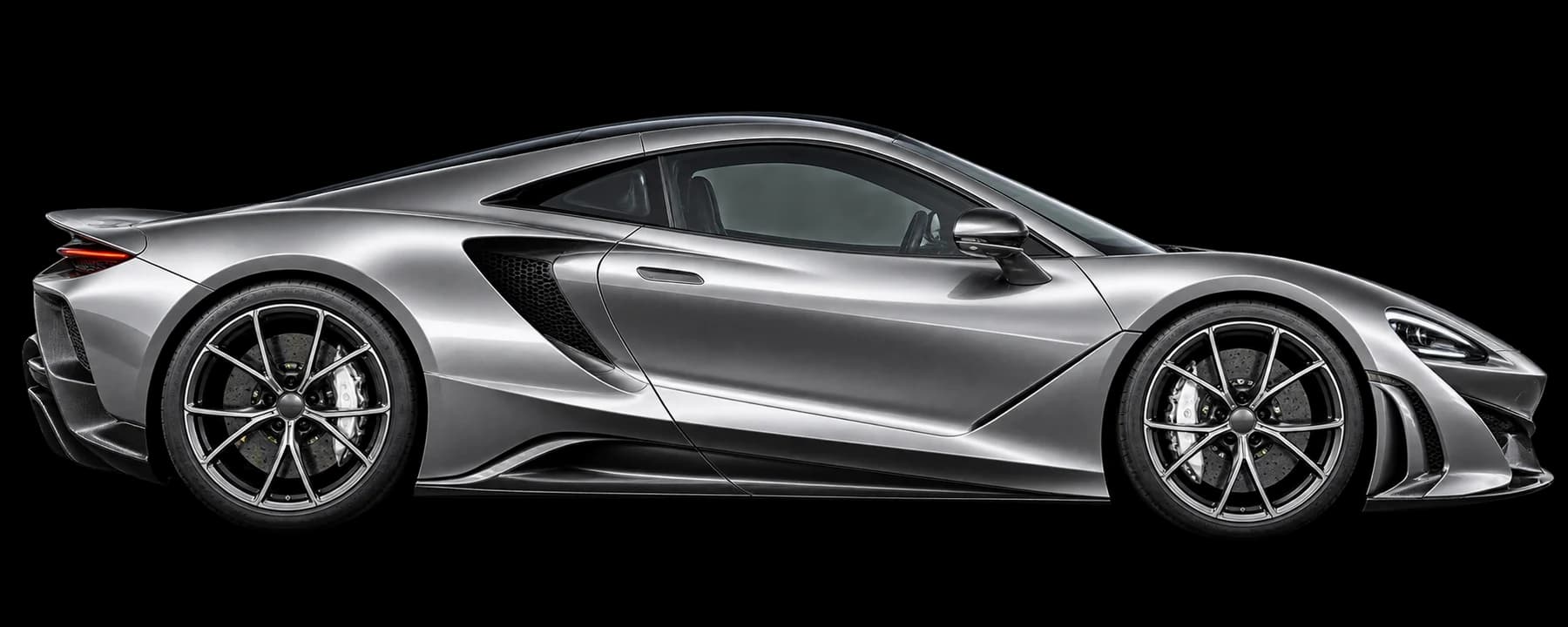 Silver graphite sports coupe in full side profile
