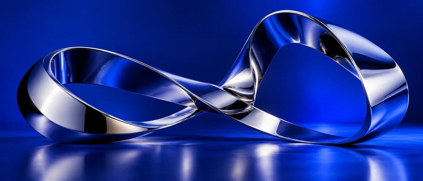 Sculptural chrome ribbon in an ultramarine blue studio